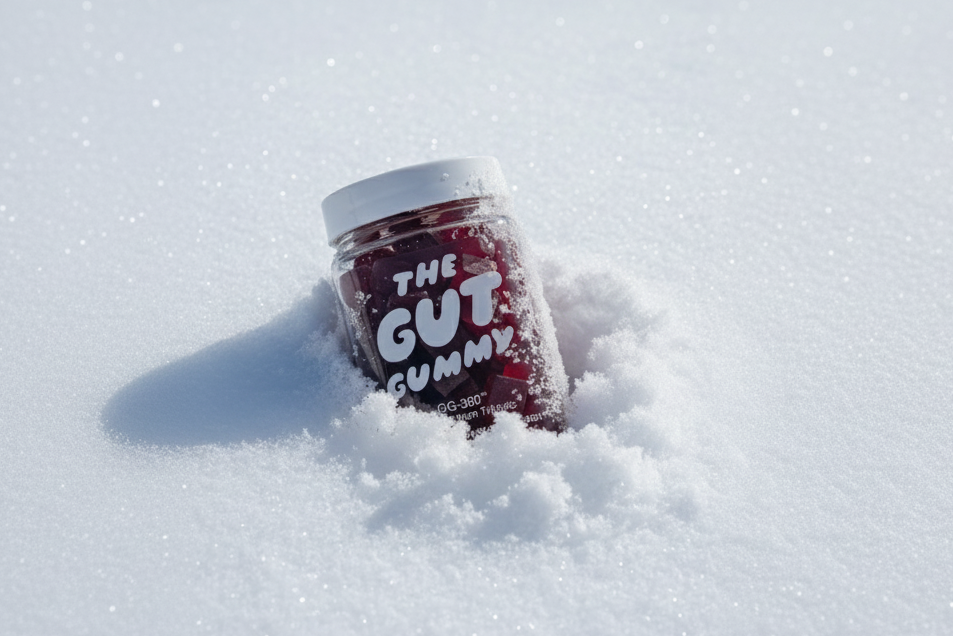 Jar of 'The Gut Gummy' in the snow
