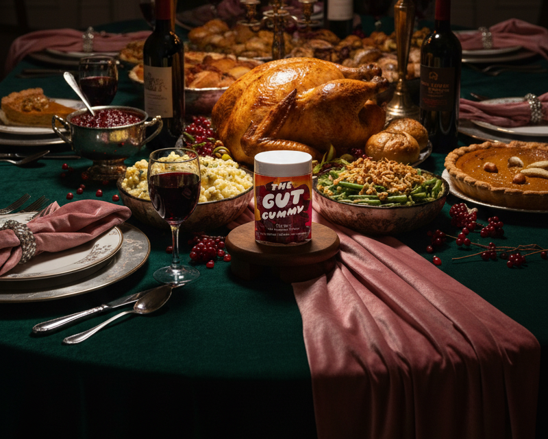 Thanksgiving table setting with a jar of Gut Gummy on a plate surrounded by food and drinks.